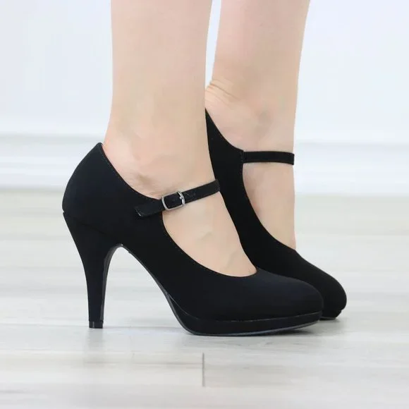 Black Rockabilly High Heels Ankle Strap Round Toe Classic Pumps Nubuck - Picture 4 of 12